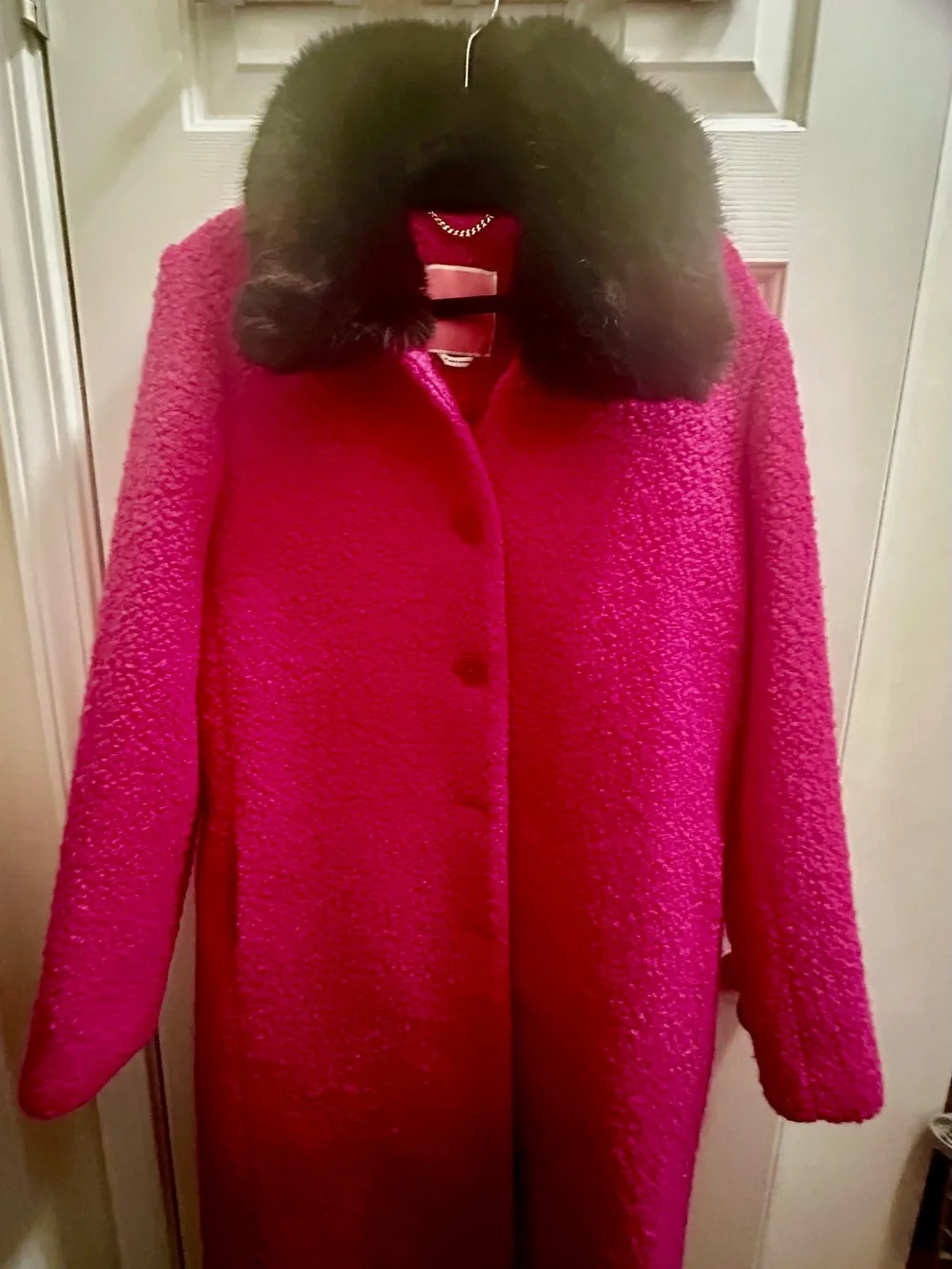 kate spade Hot Pink Pea Coat with Black Faux Fur Collar